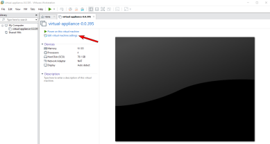 An arrow pointing to the Edit virtual machine settings option in the upper left of the VMware interface. 